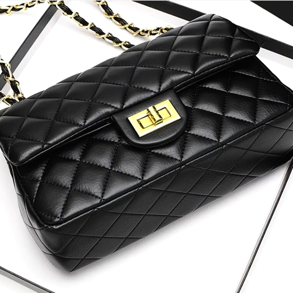 None Handbags - NWT Quilted Black and Gold Leather Crossbody Bag